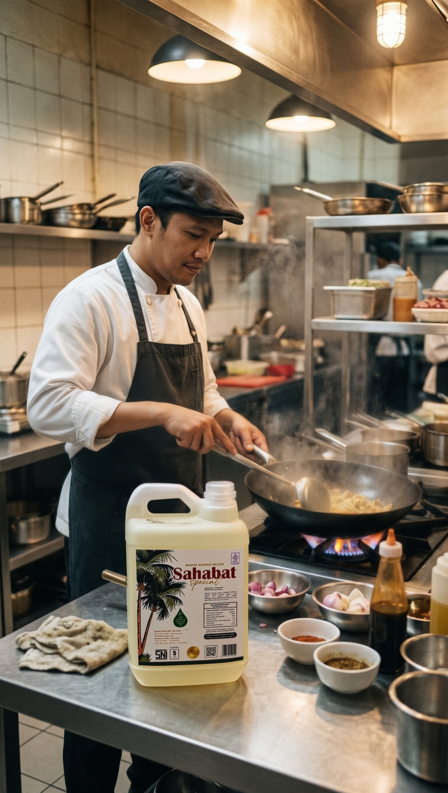 Cooking with Sahabat coconut oil in a commercial kitchen
