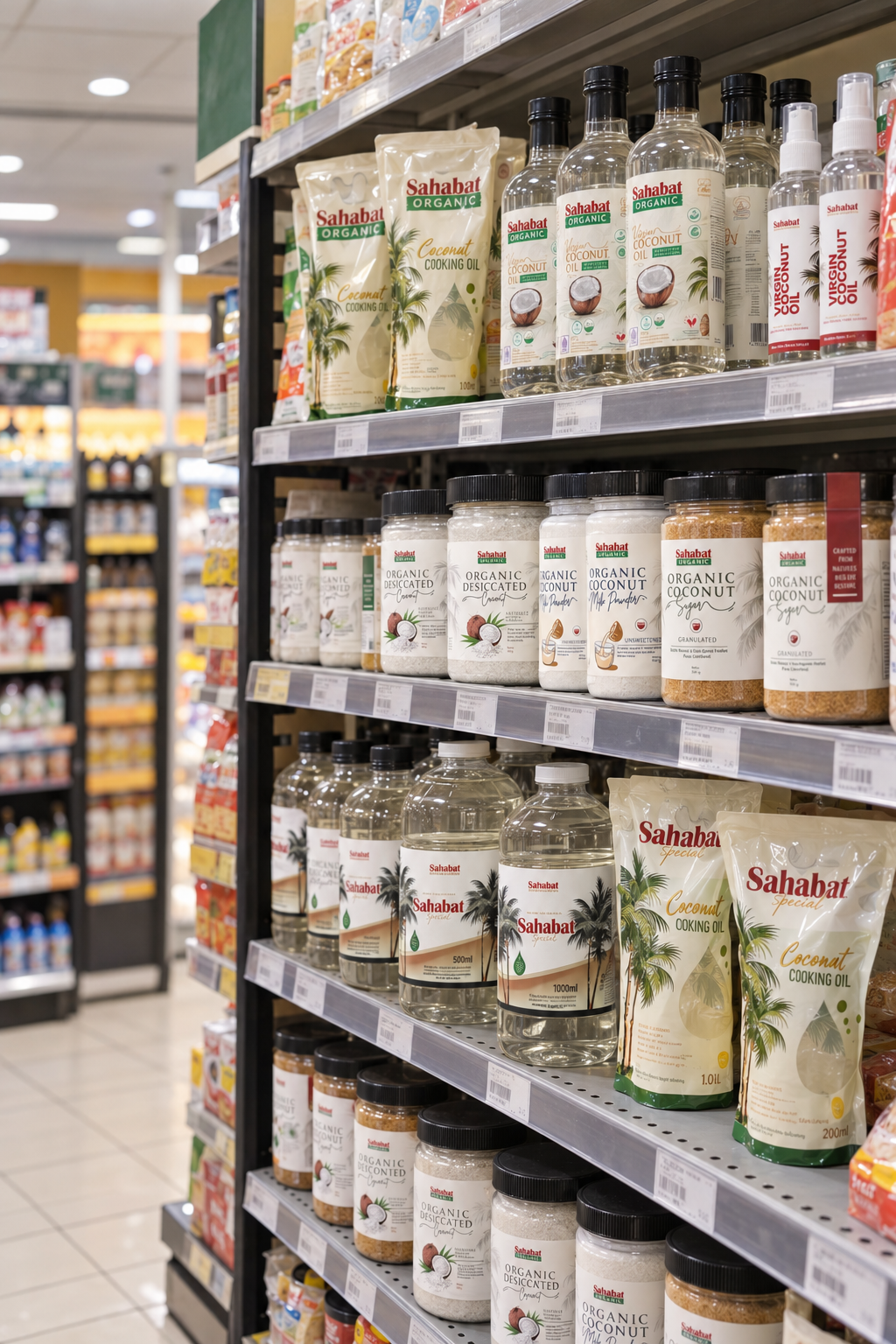 Sahabat coconut oil bottles on a retail shelf